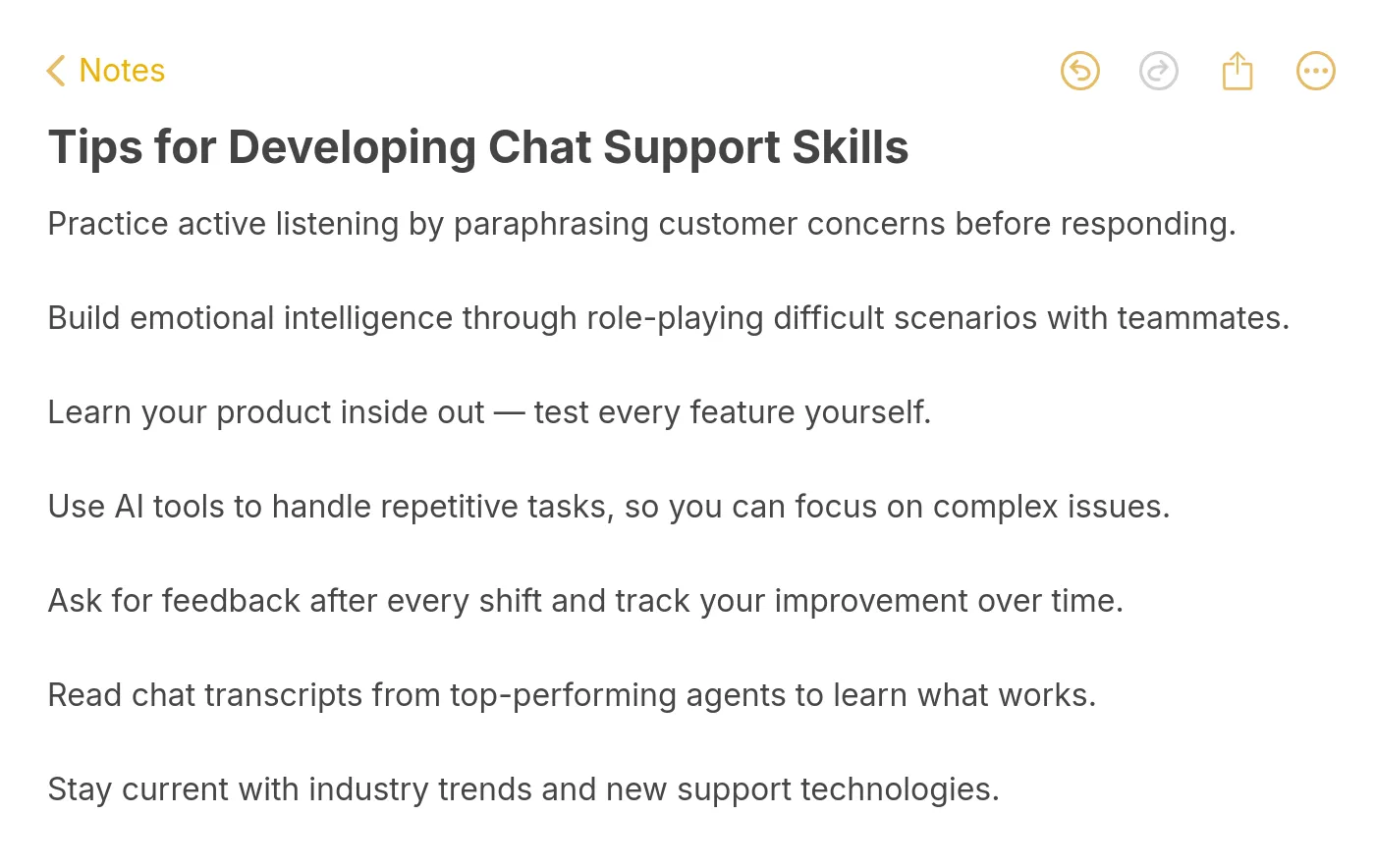 Note with practical tips for developing and improving chat support skills