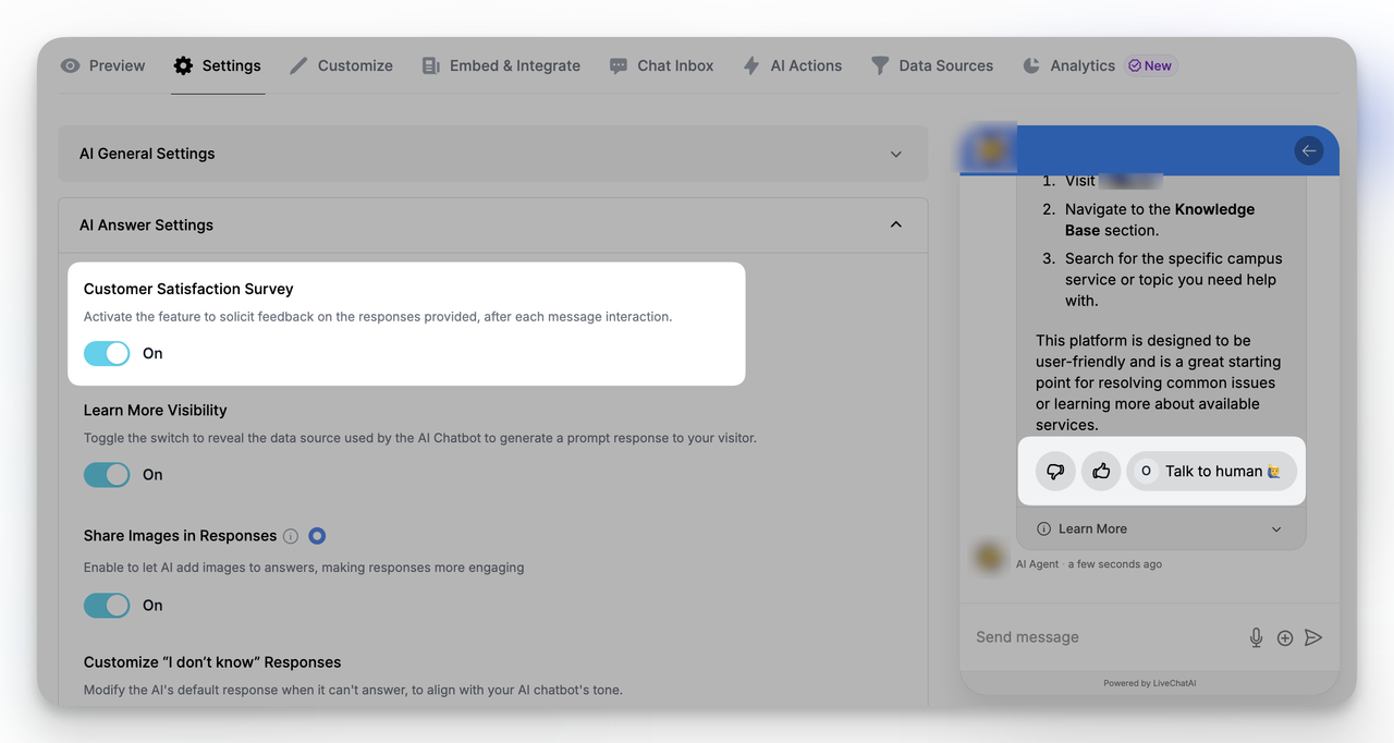LiveChatAI customer satisfaction survey for data-driven chat support