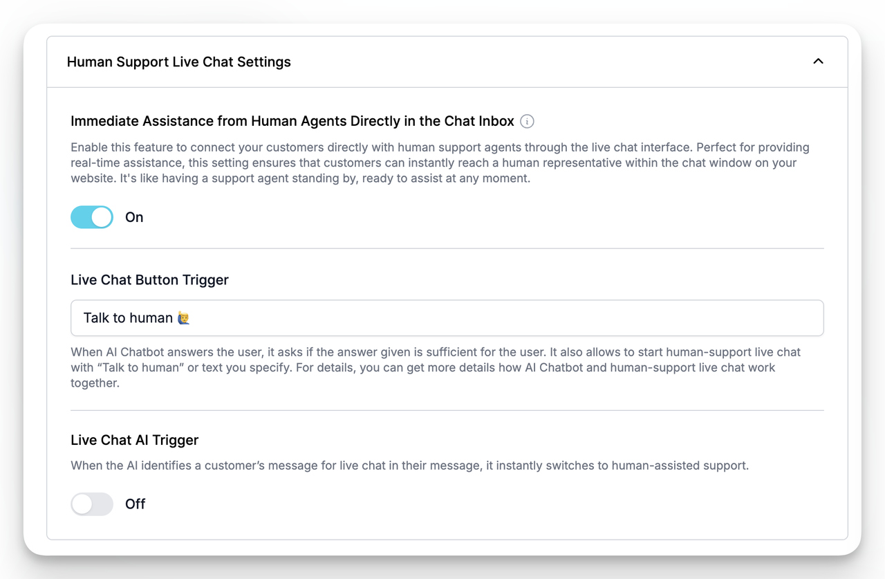 LiveChatAI human agent handoff setting for chat support