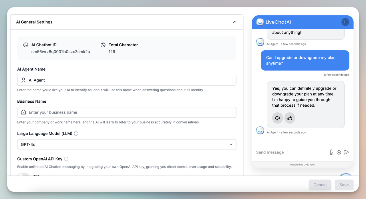 LiveChatAI FAQ bot handling a customer query about upgrading or downgrading plans