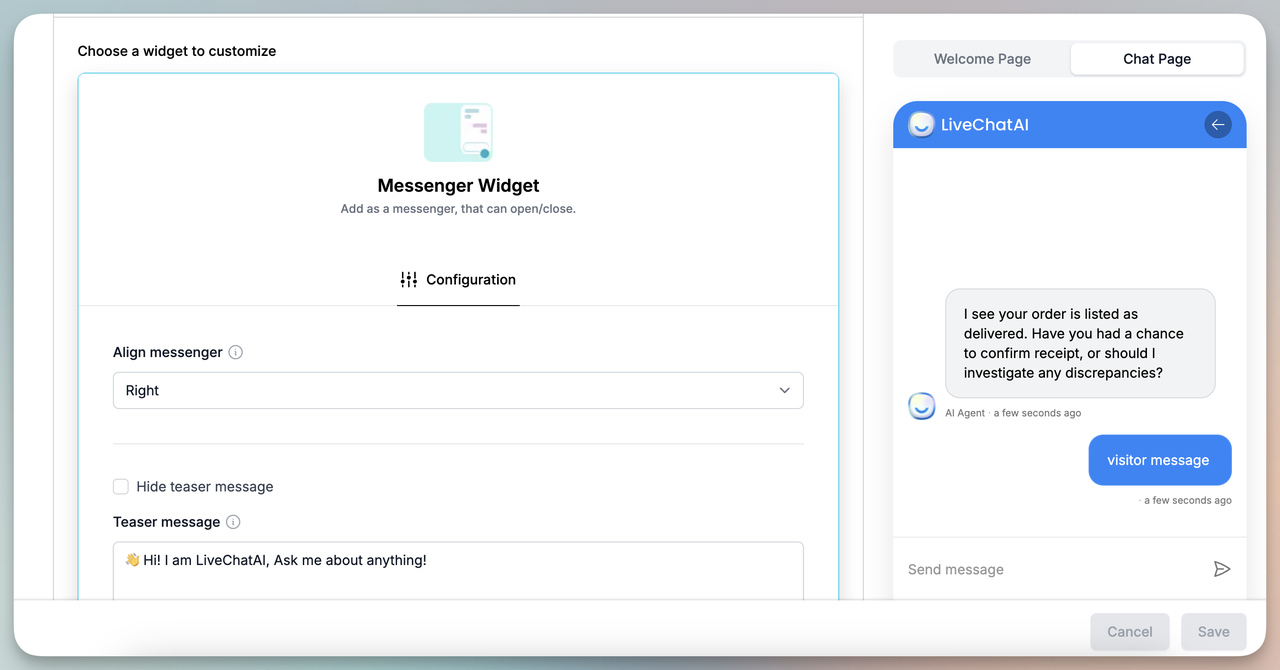 Order and account management live chat script example showing tracking information