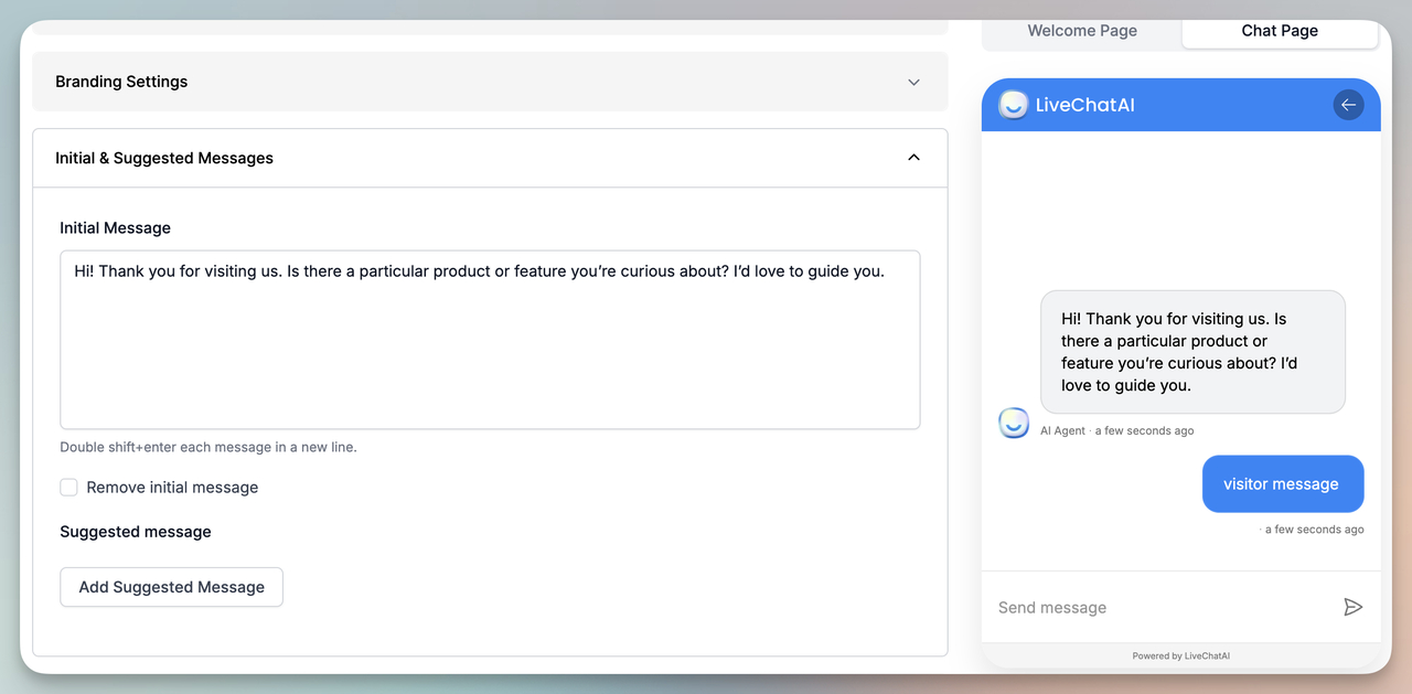 LiveChatAI dashboard showing welcome and greeting message configuration for live chat