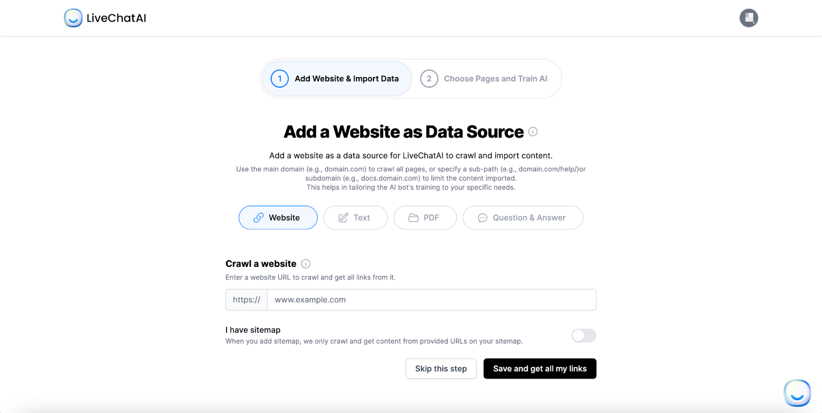 LiveChatAI data source page showing website URL input for chatbot training