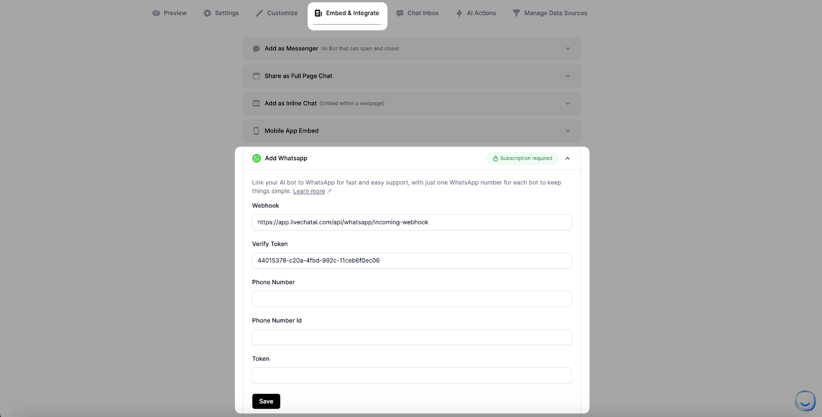 LiveChatAI WhatsApp integration panel showing webhook and token fields
