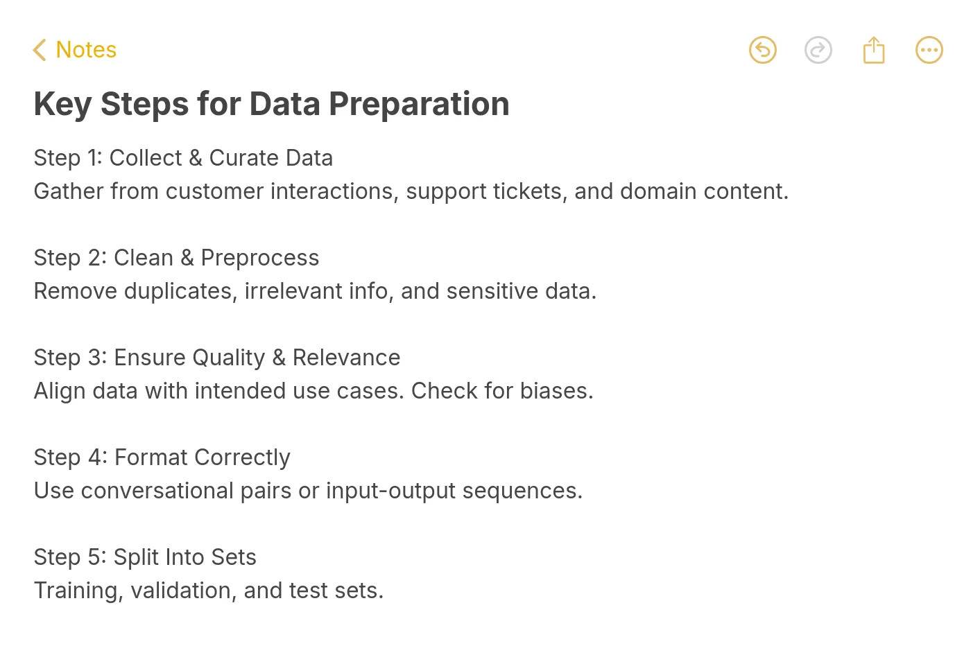 a note showing key steps for data preparation and training including collecting, cleaning, formatting, and splitting data