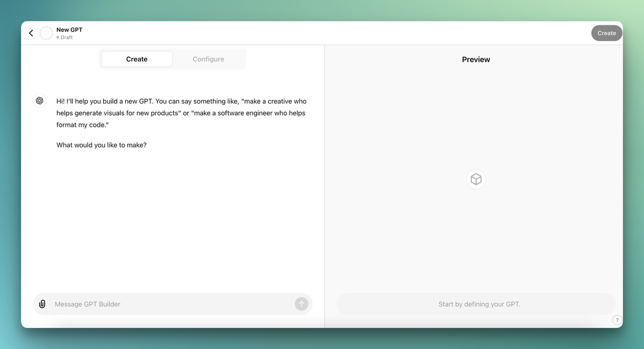 the Create section in GPT builder for training ChatGPT with custom instructions