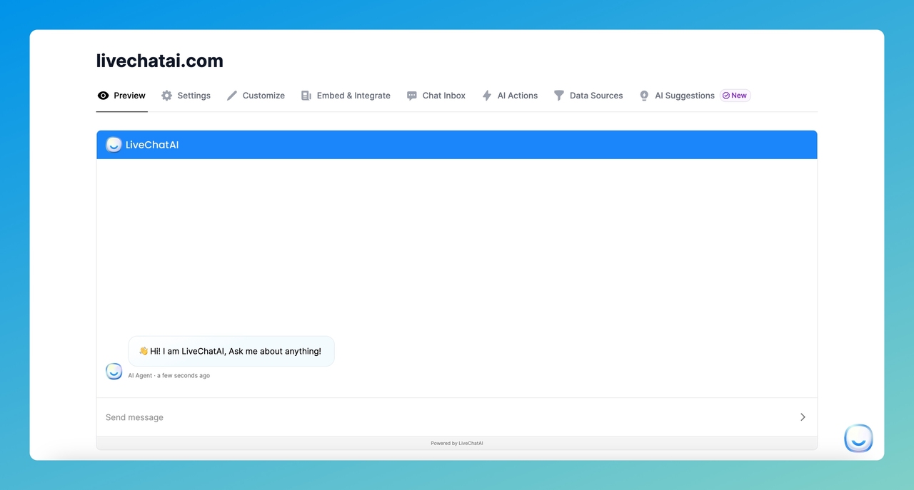 preview page of a trained AI chatbot on LiveChatAI dashboard