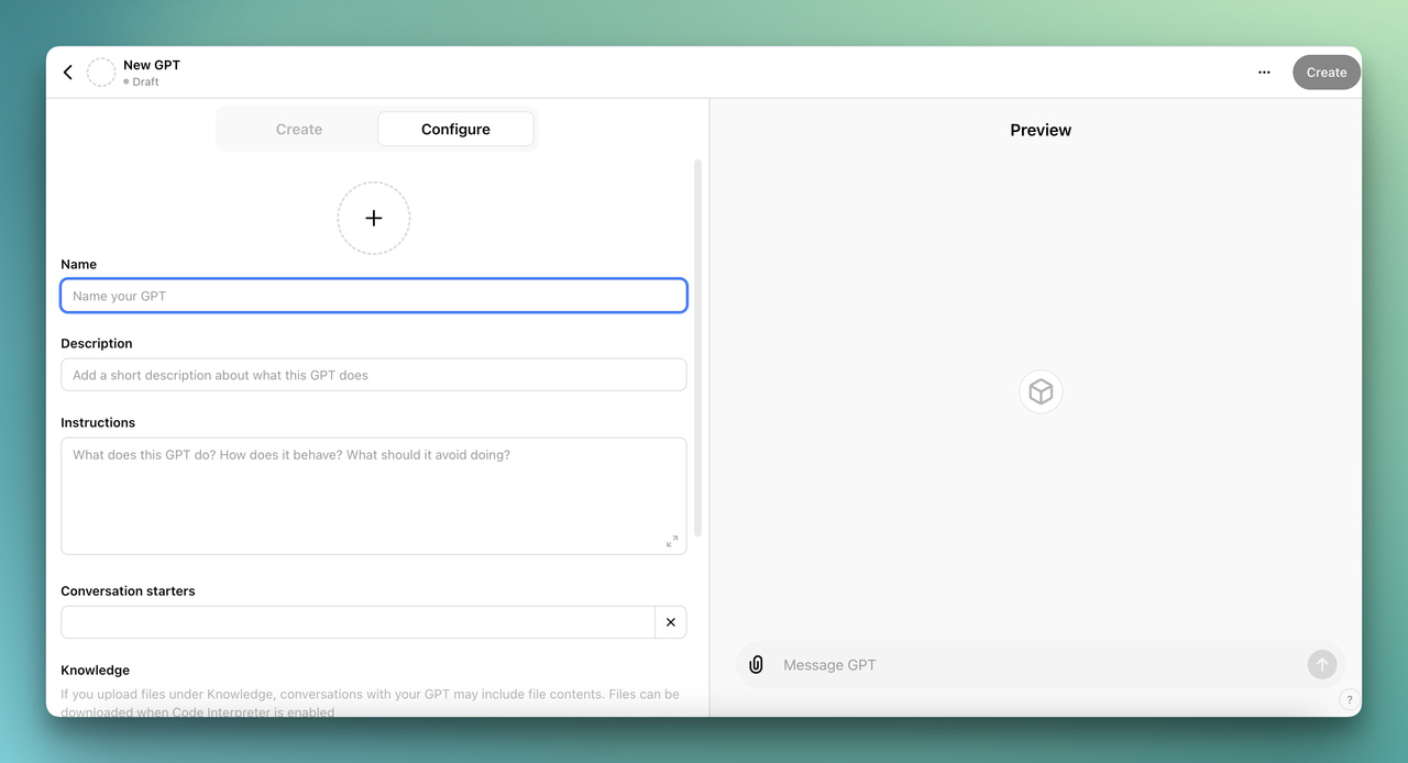 the Configure section on the GPT builder for uploading custom training data