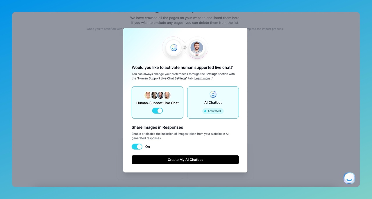 modal for activating human support alongside your AI chatbot on LiveChatAI