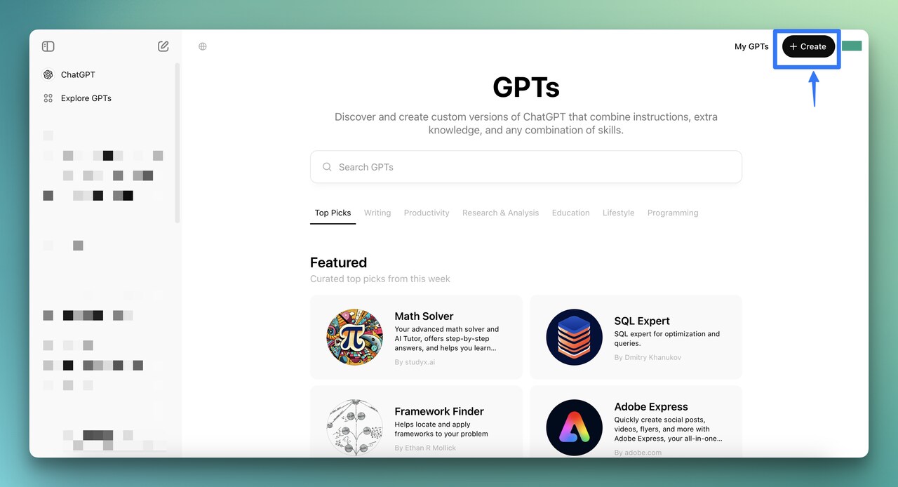 Create button on the Explore GPTs page in ChatGPT for building a custom GPT