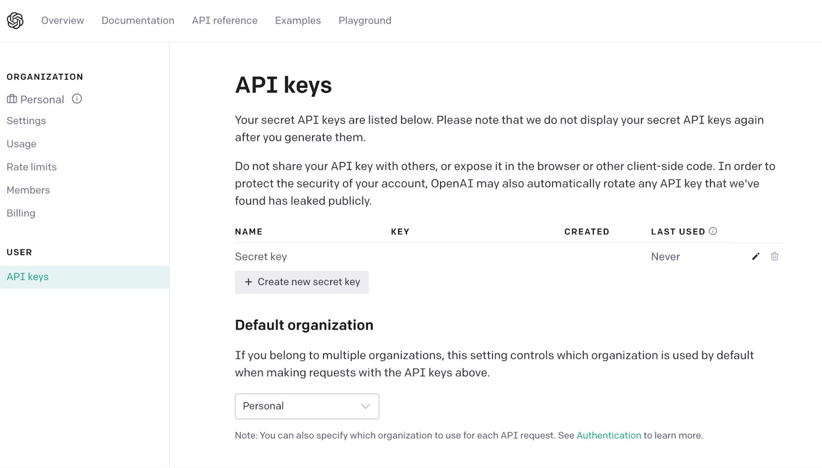 OpenAI API key generation page for fine-tuning ChatGPT with custom data