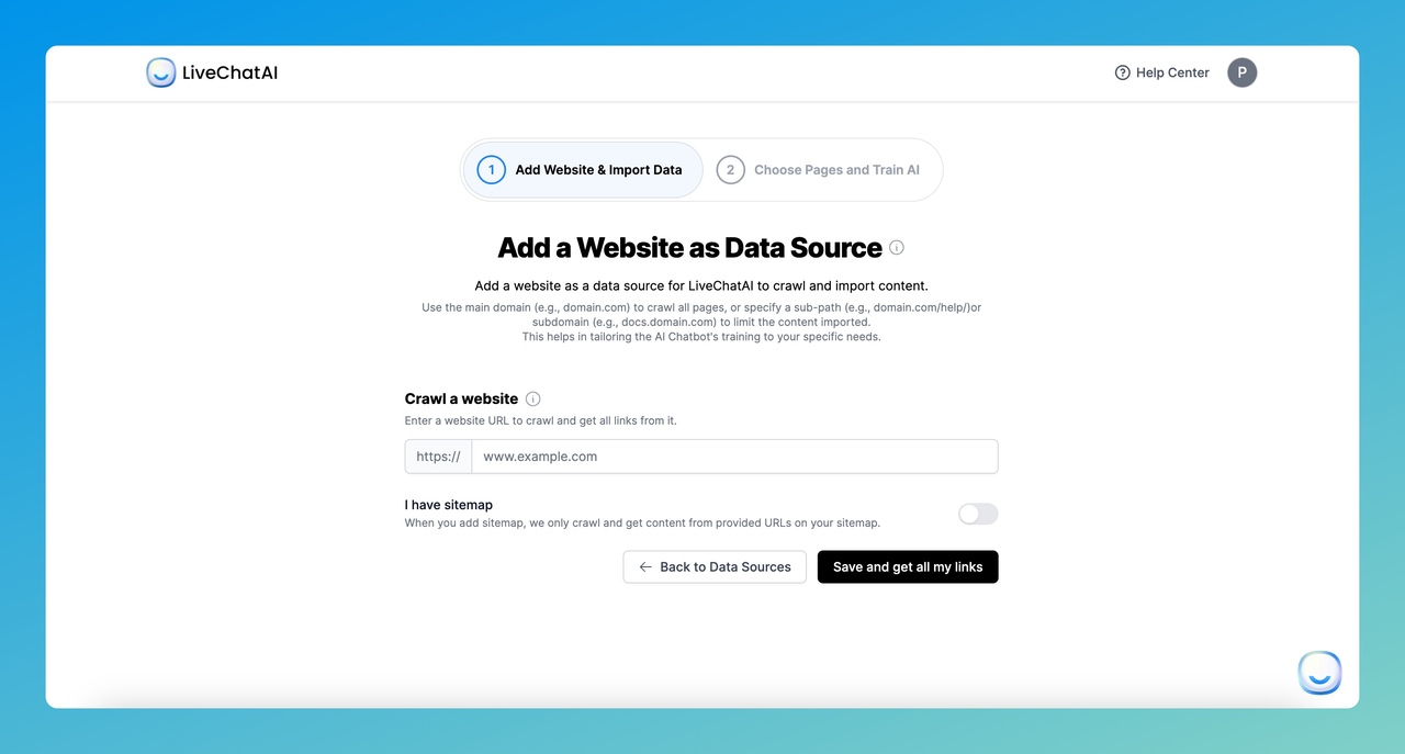 adding a website URL as data source to train your AI chatbot on LiveChatAI
