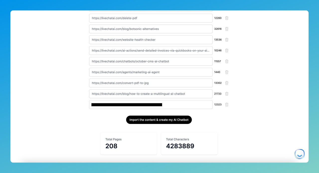 selecting pages and importing custom data to train ChatGPT on LiveChatAI