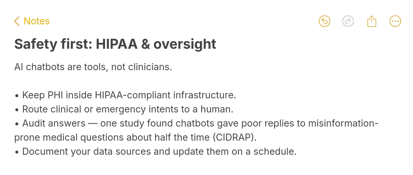 Notes-style callout listing HIPAA compliance and human escalation rules for healthcare chatbots