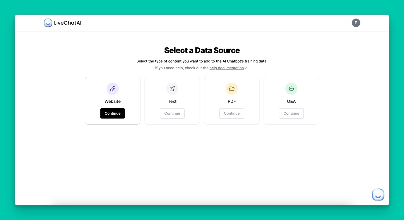 LiveChatAI interface for selecting data sources when configuring a healthcare chatbot