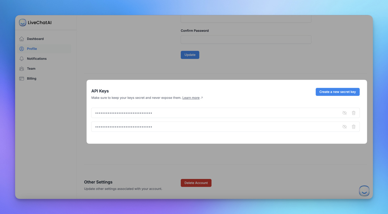 LiveChatAI dashboard showing API keys screen for custom chatbot development