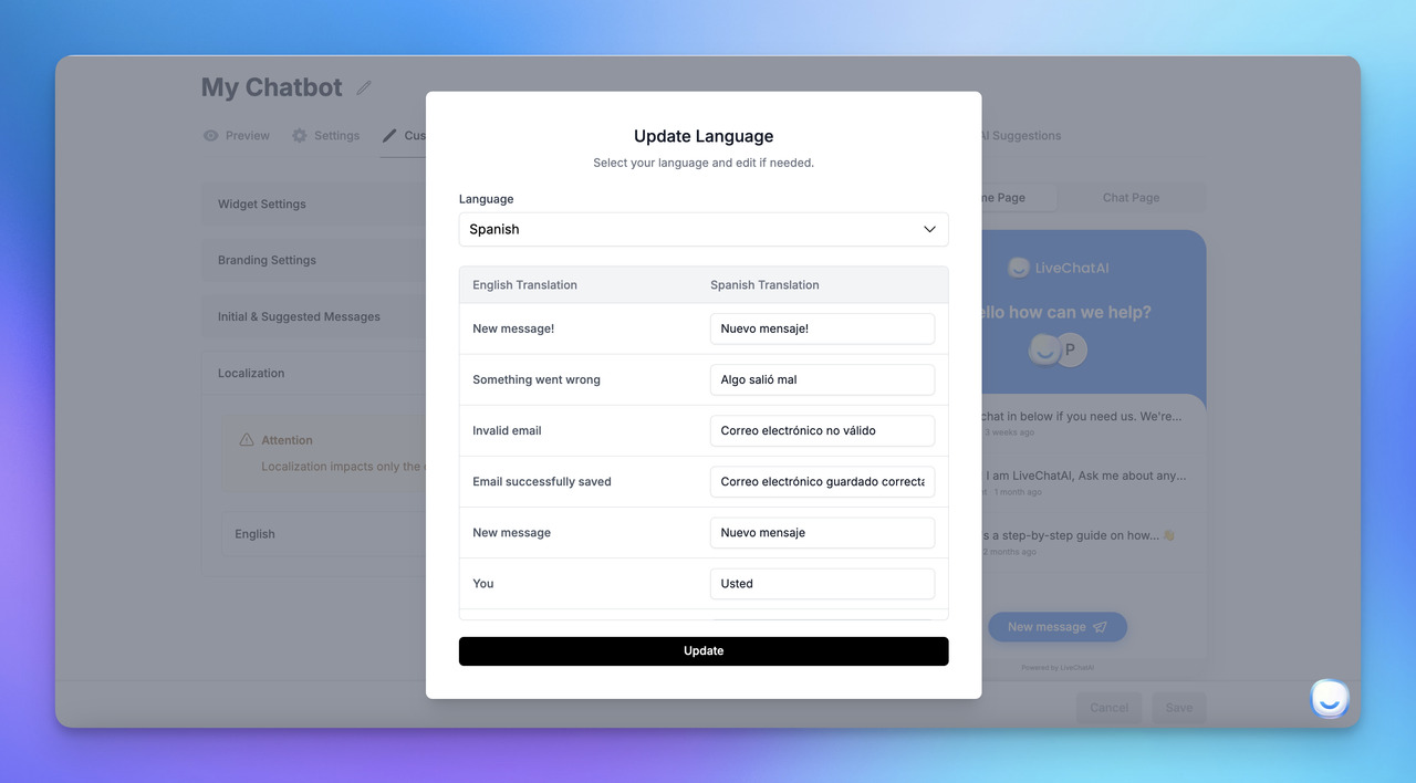 LiveChatAI dashboard updating chatbot language for multilingual customer support