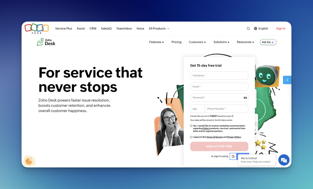 Zoho Desk customer service software for ticketing, automation, and support workflows
