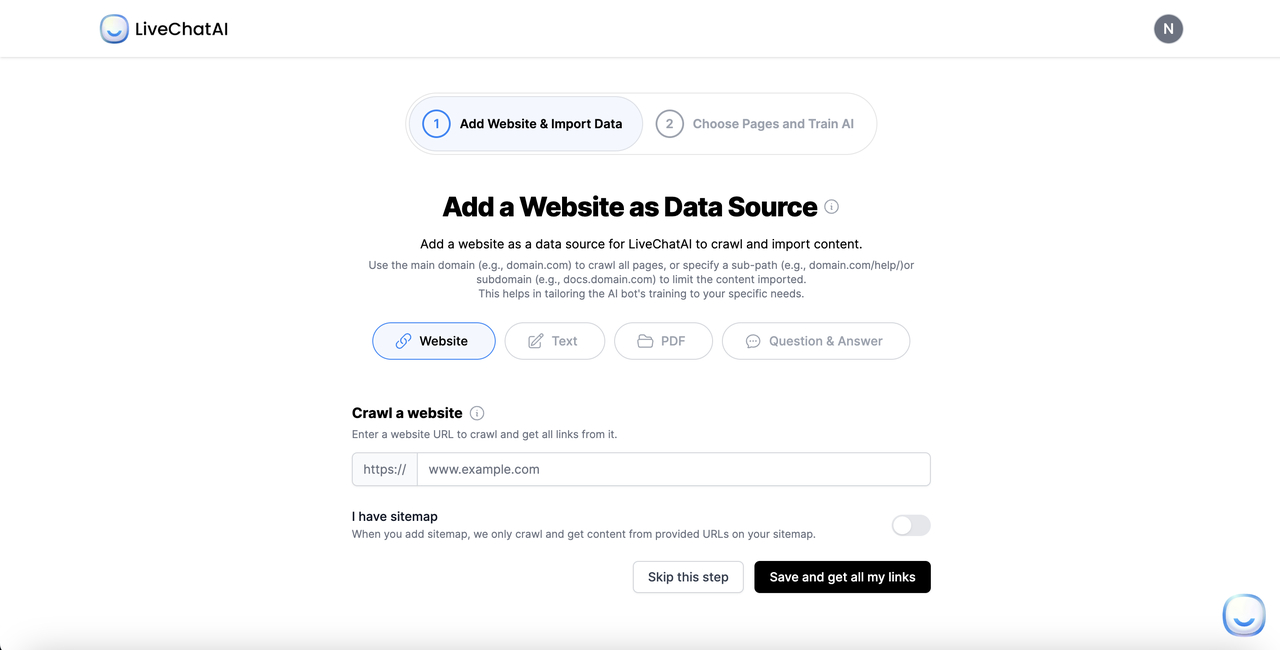 LiveChatAI knowledge base screen showing how to add a data source