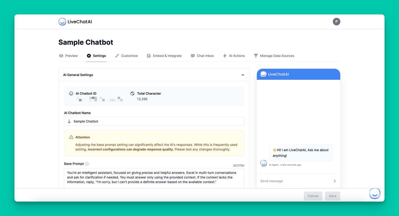 LiveChatAI settings panel for configuring chatbot model, name and qualifying questions