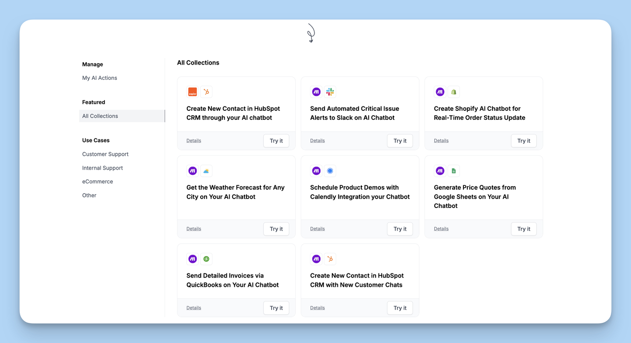 LiveChatAI AI Actions configuration page with integrations like Zapier, Make, webhooks and OpenAPI