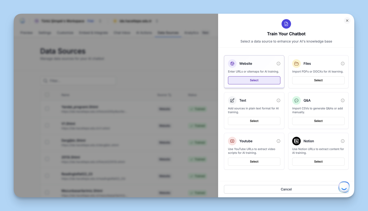 LiveChatAI dashboard showing data source upload options for training an AI support agent