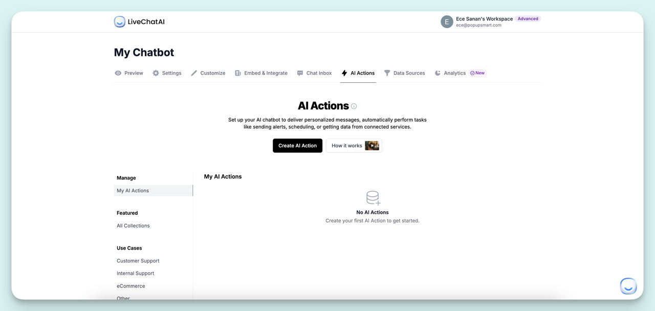 AI Actions tab on LiveChatAI dashboard