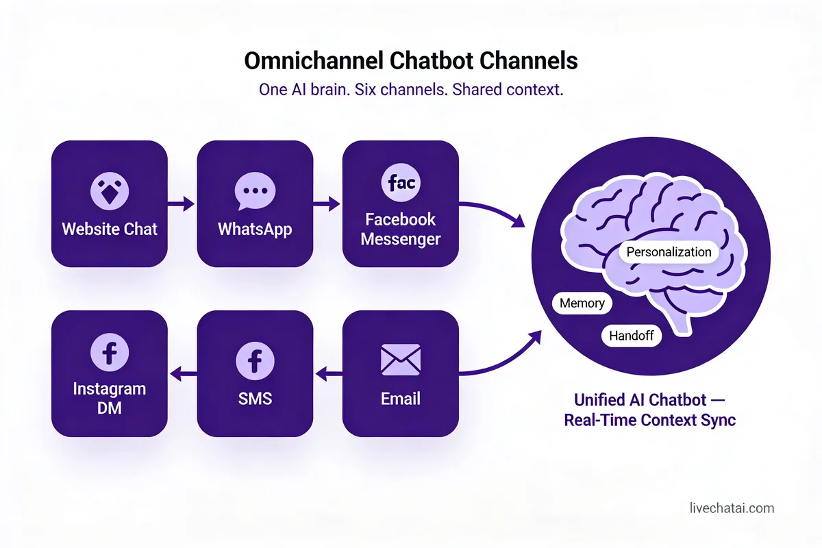 Omnichannel chatbot diagram showing website chat, WhatsApp, Messenger, Instagram DM, SMS, and email feeding one unified AI brain