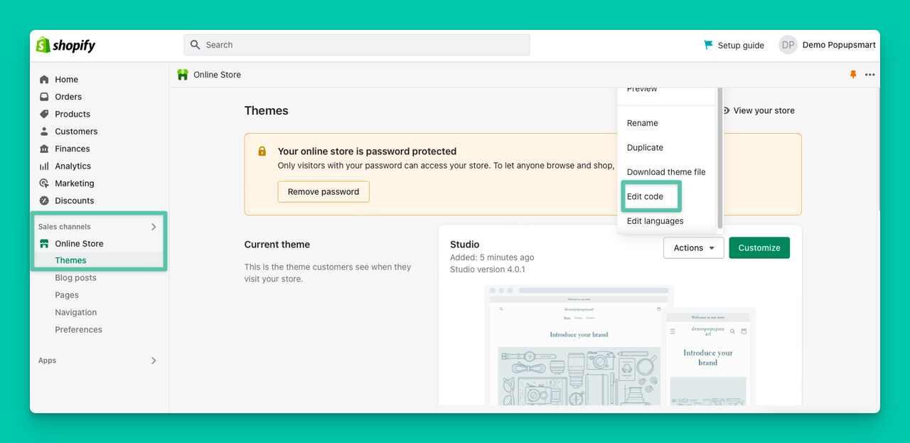 Open the Edit Code section in your Shopify online store