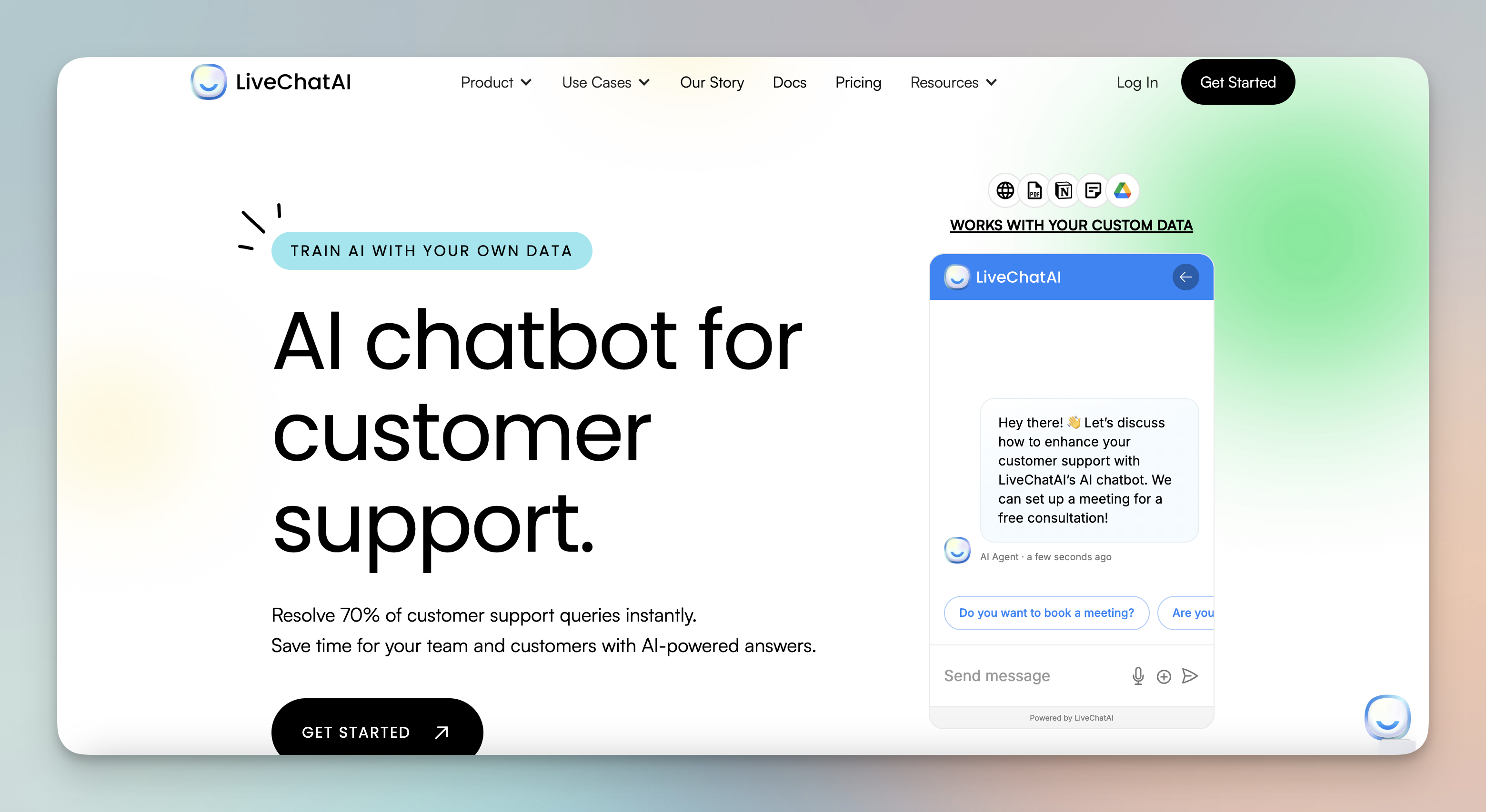 LiveChatAI homepage showing the AI customer support platform positioning