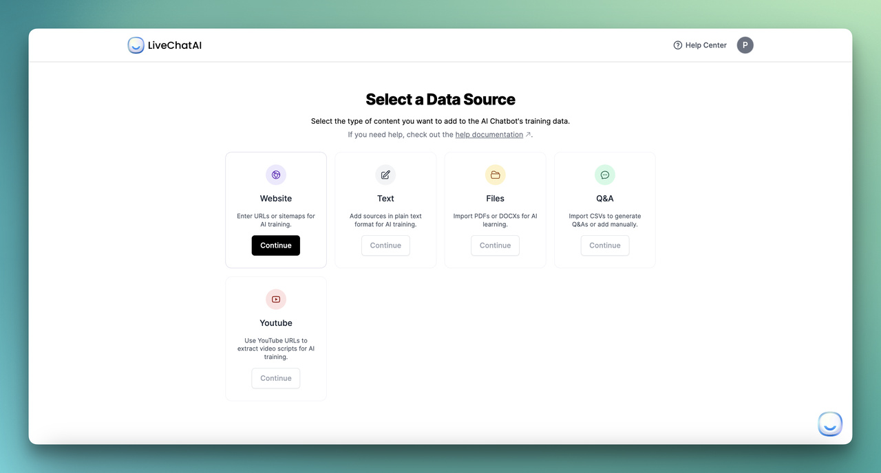 Select data source for creating an AI chatbot in LiveChatAI