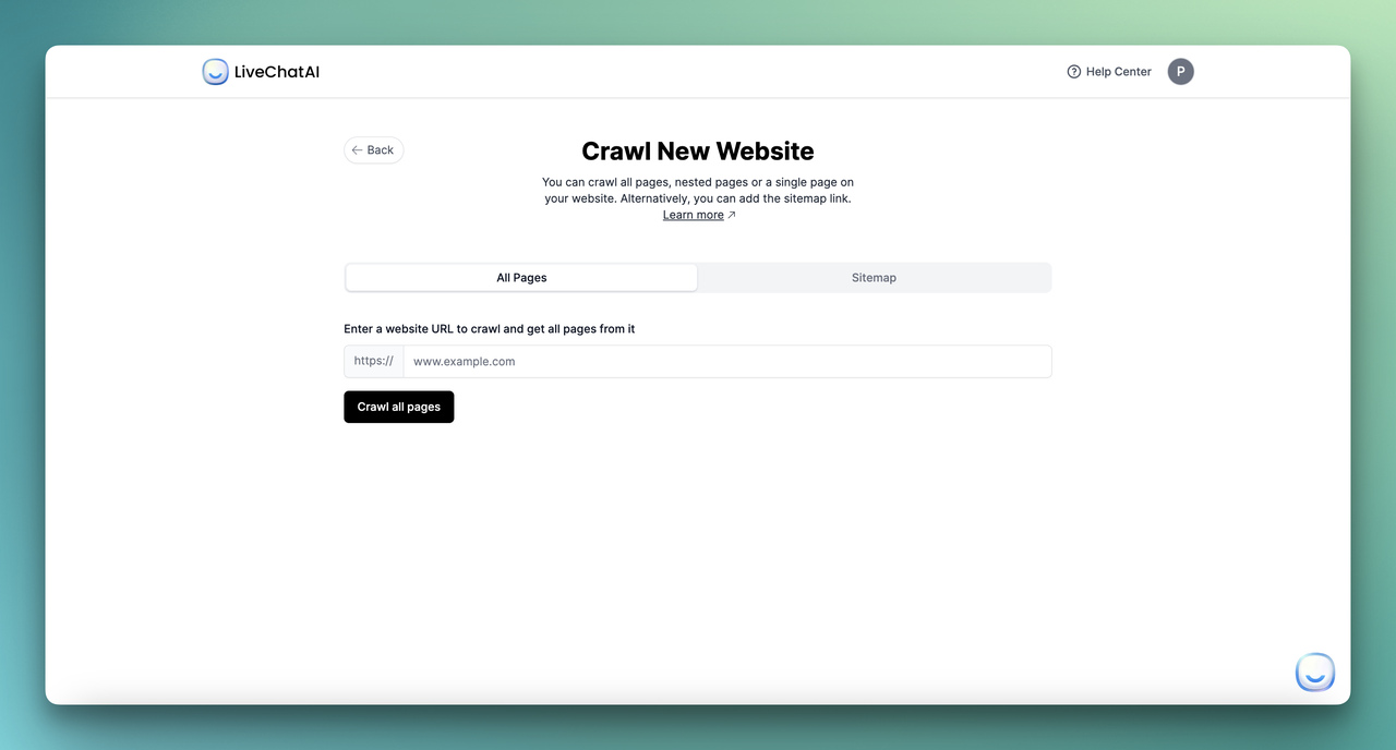 Crawling a new website to train an AI chatbot in LiveChatAI
