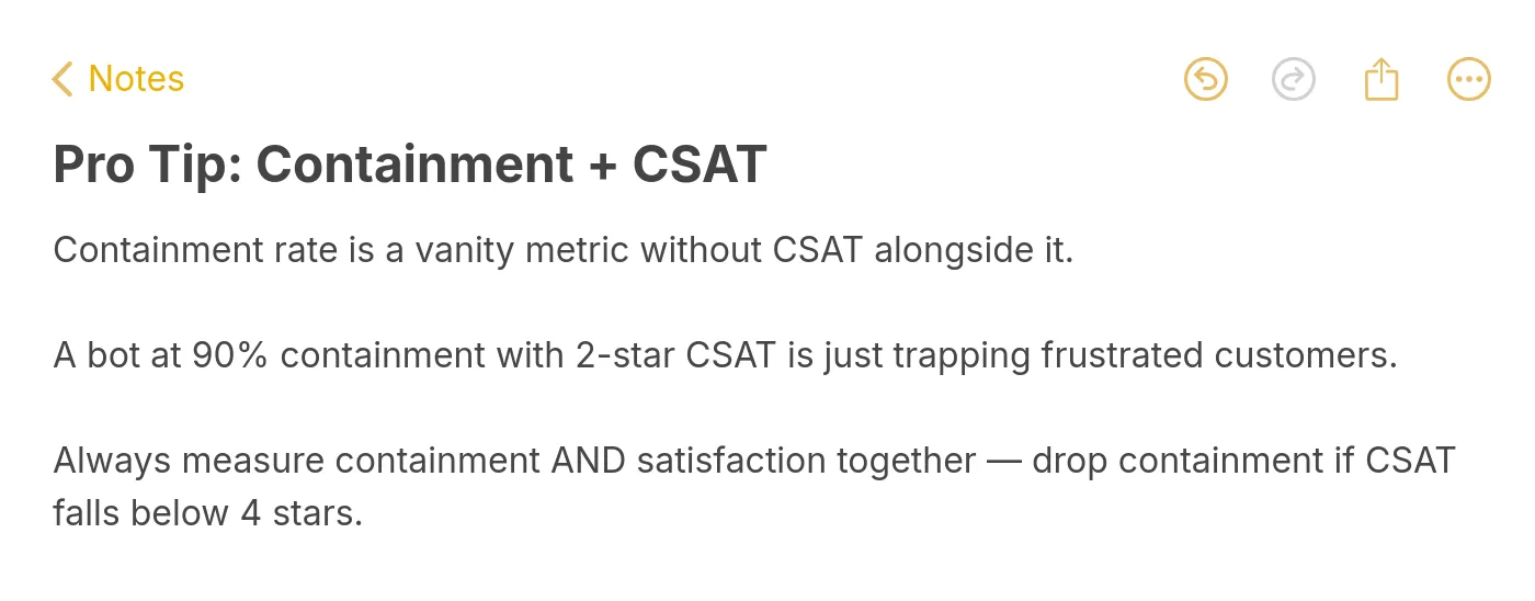 Apple Notes style pro tip warning that containment rate is a vanity metric without CSAT alongside it