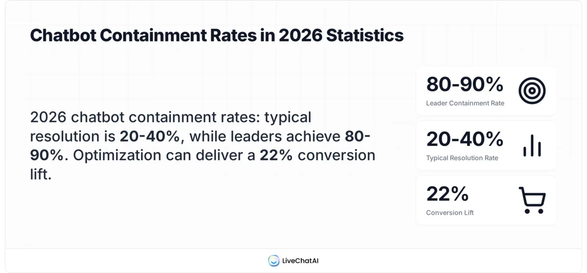 Stat card showing chatbot containment rate numbers in 2026: 20-40% typical resolution, 80-90% top performers, 68% of bots underperform without optimization, 22% conversion lift case