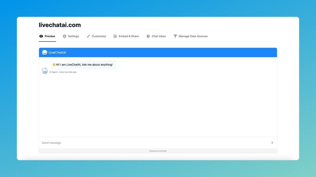 LiveChatAI live chat settings screen for enabling human handoff in telecom chatbot conversations