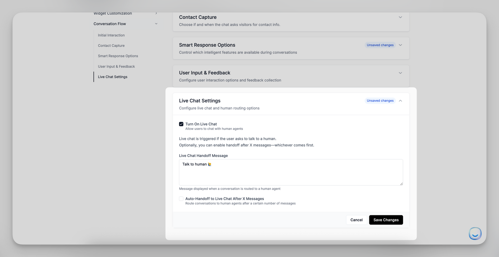 LivechatAI's interface showing how to enable human handoff.