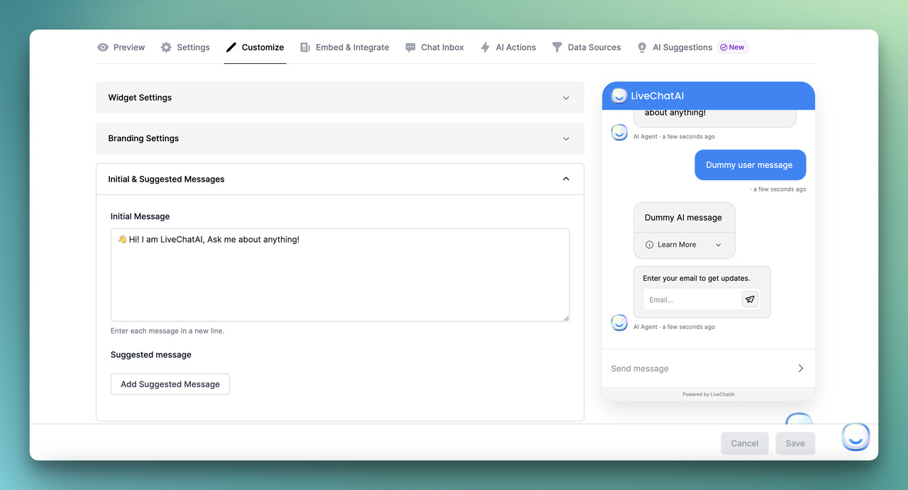 customization of LiveChatAI dashboard