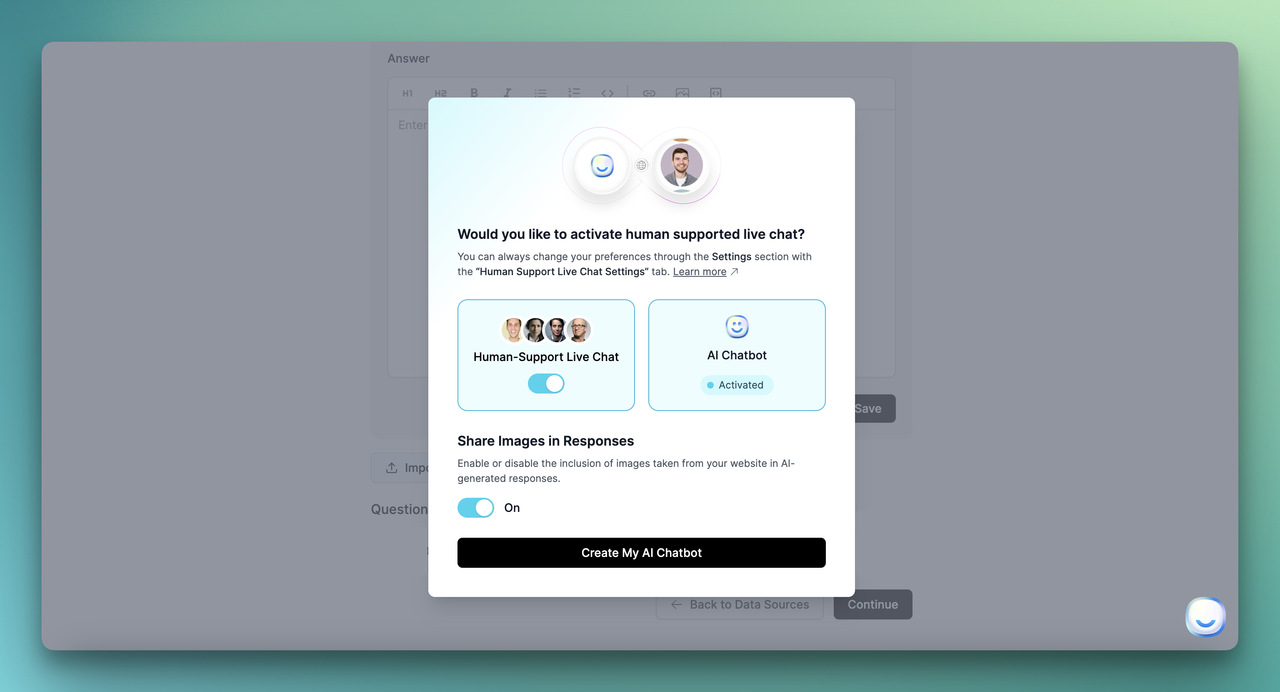 the human support modal to enable support or not on LiveChatAI