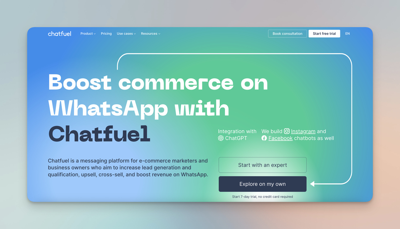Chatfuel homepage showing AI chatbot builder for Facebook Messenger and Instagram