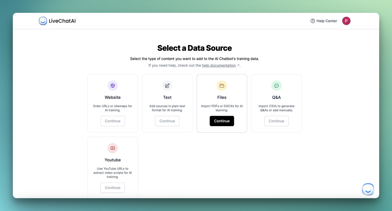 LiveChatAI dashboard showing data source options for training a mental health chatbot — Website, Text, PDF, Q&A, YouTube
