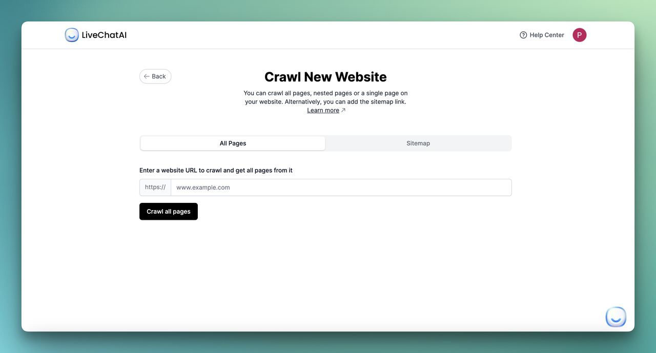LiveChatAI website crawler importing mental health resource pages to train the chatbot knowledge base