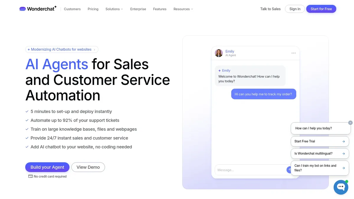 Wonderchat homepage promoting custom ChatGPT chatbots trained on your website and PDF data