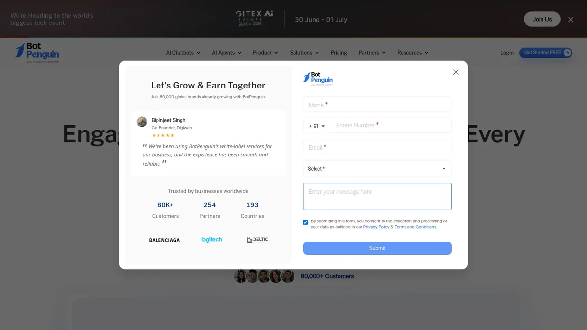 BotPenguin homepage showcasing AI chatbot maker for WhatsApp, web, and Facebook Messenger