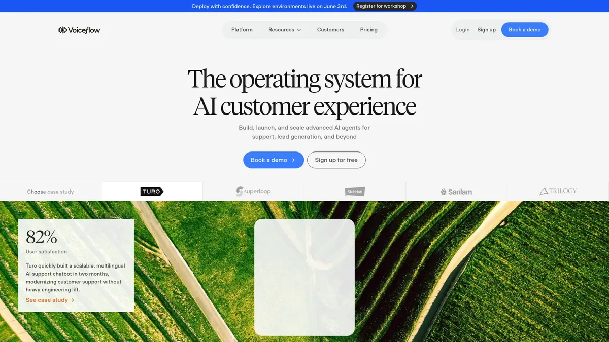Voiceflow homepage showing the conversational AI design platform for chat and voice agents