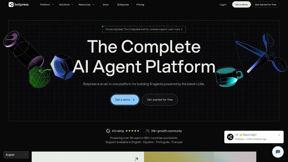 Botpress homepage featuring a developer-friendly visual chatbot builder for AI agents