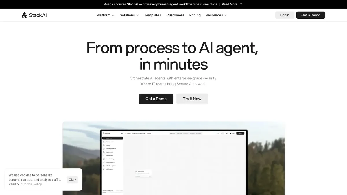 Stack AI homepage highlighting a no-code platform to build enterprise AI agents and workflows