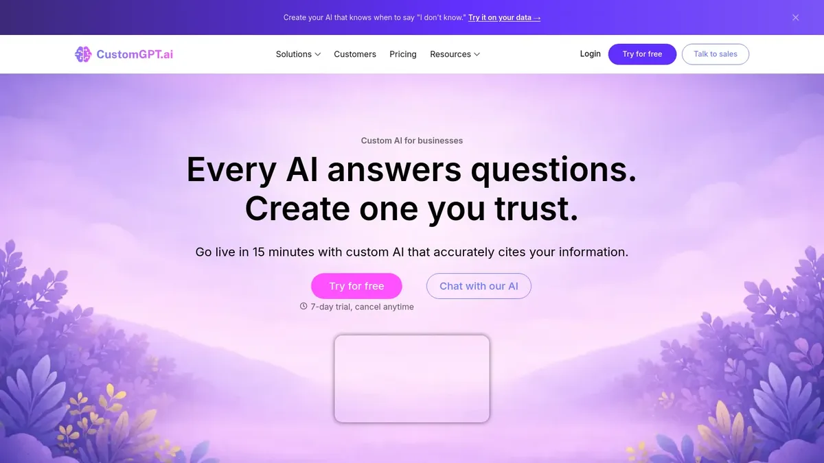 The CustomGPT homepage showcasing custom AI chatbot creation from your website content