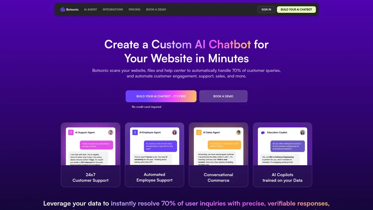 Botsonic by Writesonic homepage promoting custom ChatGPT chatbots trained on business data