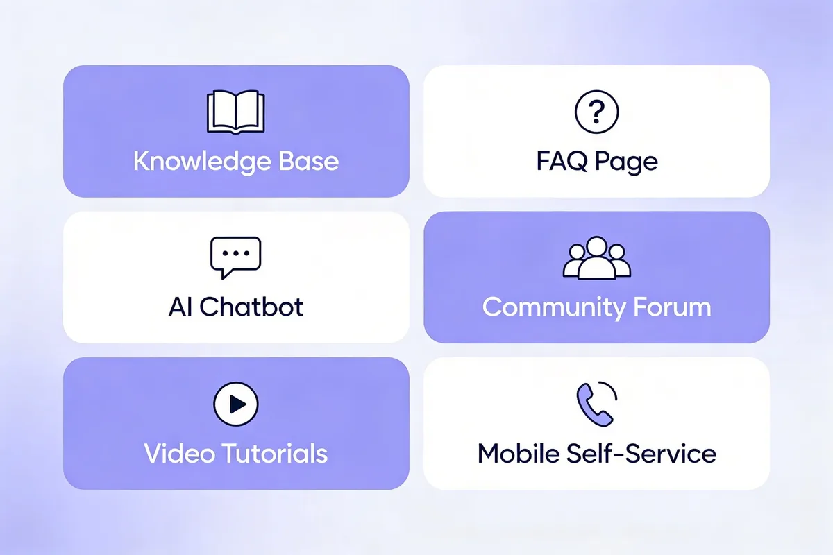 Infographic showing six self-customer service channels: Knowledge Base, FAQ Page, AI Chatbot, Community Forum, Video Tutorials, and Mobile Self-Service