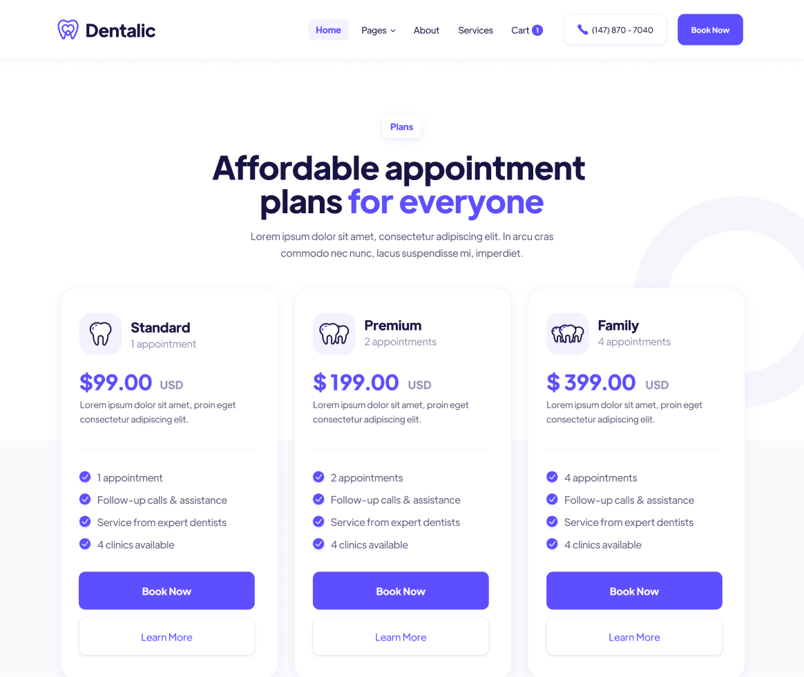 Dentalic - Plans page - Dentist Webflow Template